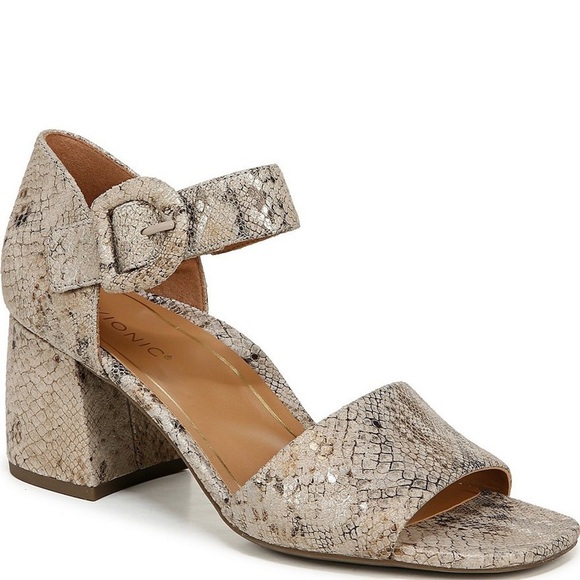 Vionic Chardonnay Heeled Sandal in "Oatmeal Leather Snake Print" Size 7.5 - Picture 1 of 16